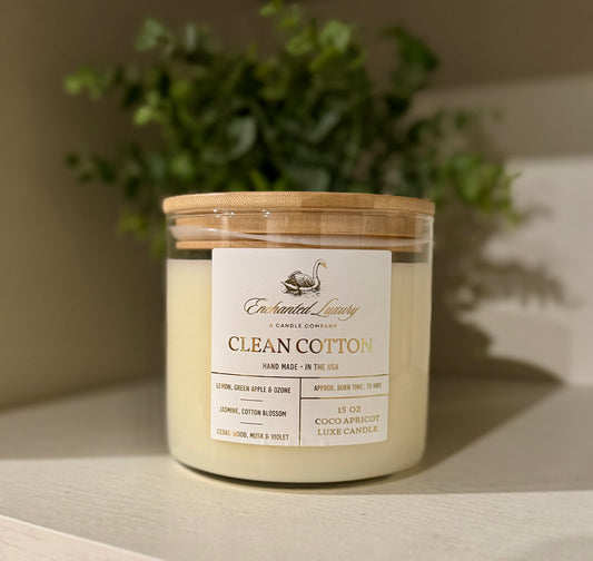 Clean Cotton Candle - Handmade Coco Apricot Luxe Soy, Fresh Linen Aroma with Citrus & Lavender